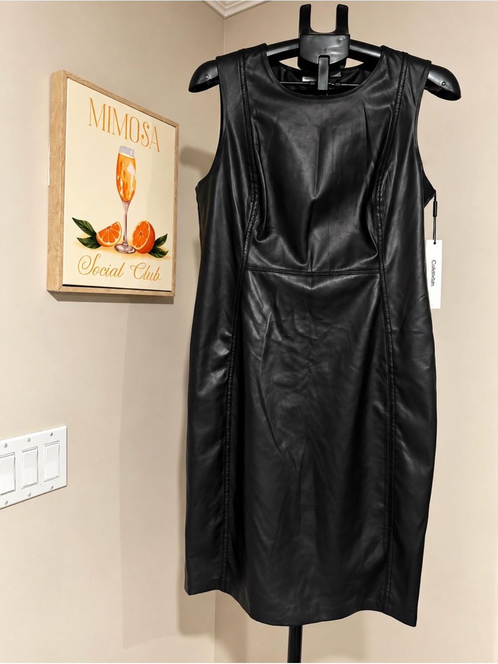 NWT Calvin Klein Black Faux Leather Sheath Dress Gold Zip Size 14
